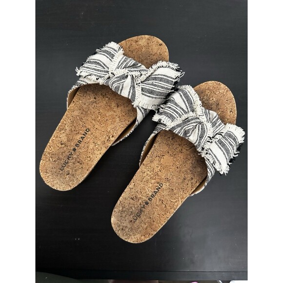 Lucky Brand Floritan Canvas Bow Slide Sandal Women's Size 6 M Beige Cork Flats - Picture 1 of 5